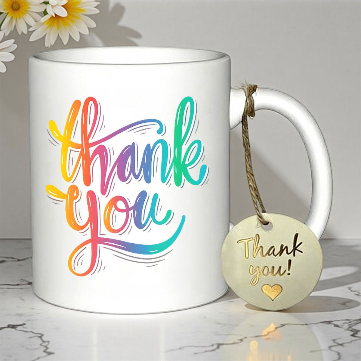 Tailorly White Ceramic 11 oz Mug - Thank You Vibrant Rainbow Gradient Script On Clean Surface Glossy Finish Ceramic Mug