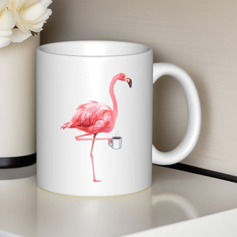 Tailorly White Ceramic 11 oz Mug - Elegant Pink Bird Standing Among Soft Shadows Holding Hot Coffee Flamingo