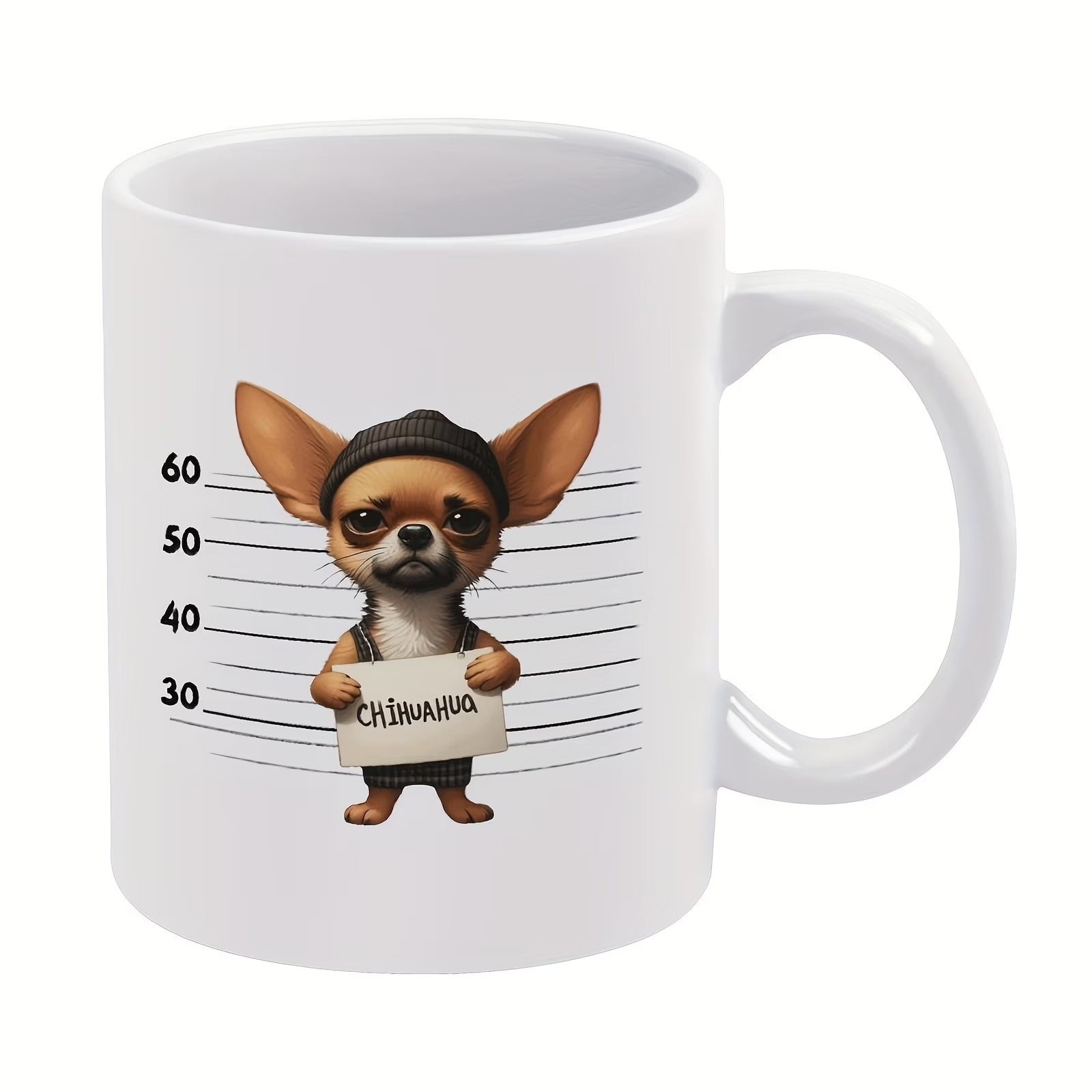 Tailorly White Ceramic 11 oz Mug - Chihuahua Funny Criminal Mugshot Backdrop With Height Markings And Grumpy Wearing Beanie Chihuahua
