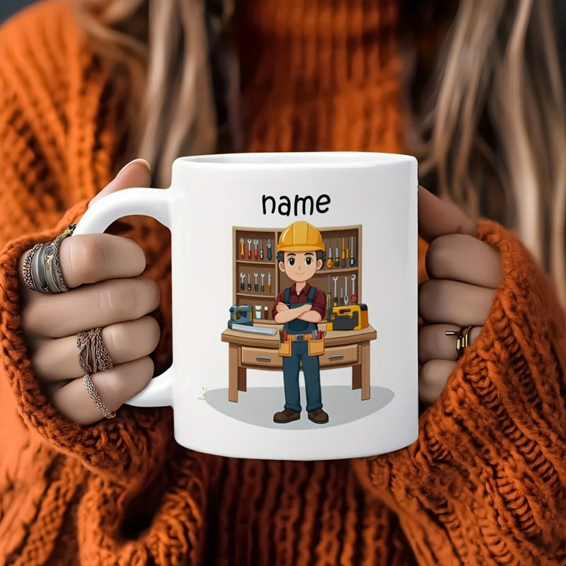 Tailorly White Ceramic 11 oz Mug - Name Cartoon Woodworker Standing Before Tool Shelf At Wooden Workbench Carpenter