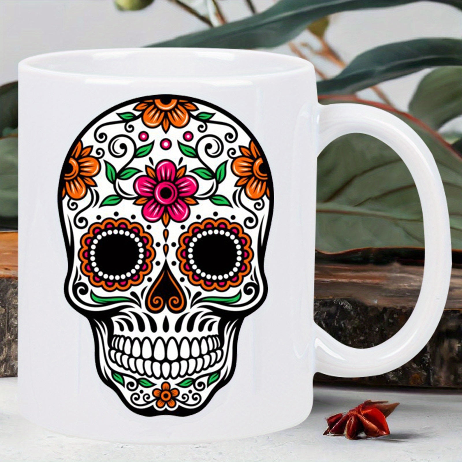 Tailorly White Ceramic 11 oz Mug - Vibrant Colorful Floral Patterns Decorating A Traditional Mexican Folk Art Skull