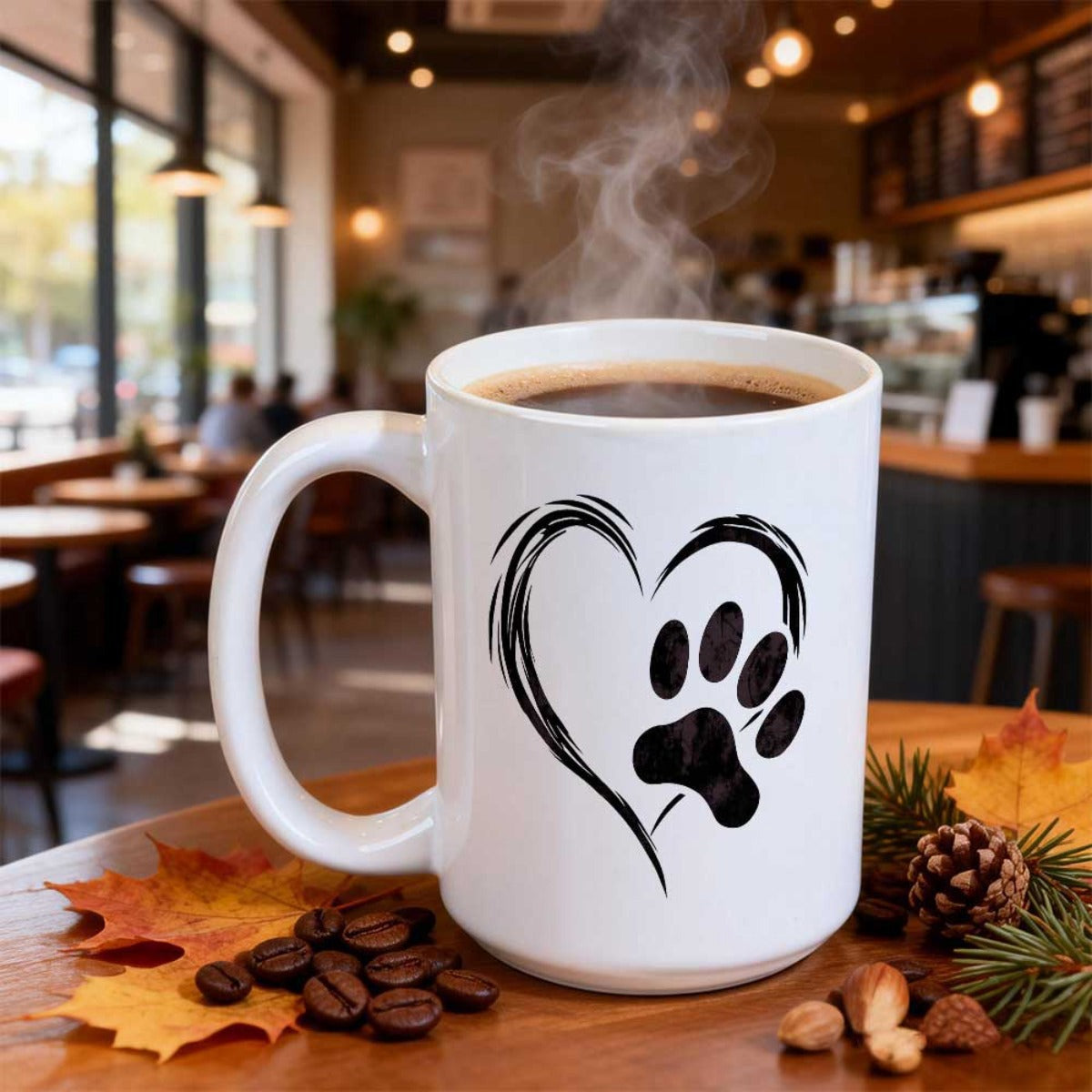 Tailorly White Ceramic 11 oz Mug - Artistic Black Sketch Of Heart And Paw Print On