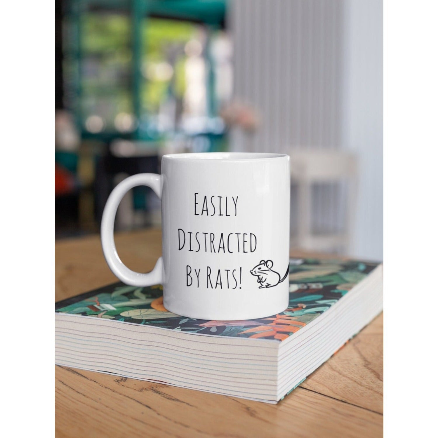 Tailorly White Ceramic 11 oz Mug - Easily Distracted By Rats Minimalist Black Line Drawing Of A Cute Tiny Rodent Rat