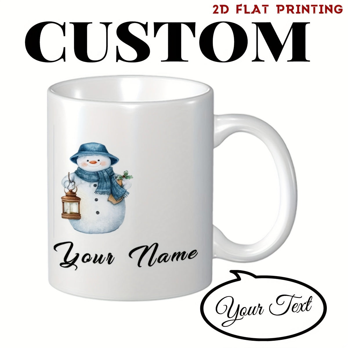 Tailorly White Ceramic 11 oz Mug - Your Name Your Text Custom Cheerful Winter Snowman Holding Lantern Amidst Soft Snowfall Snowman