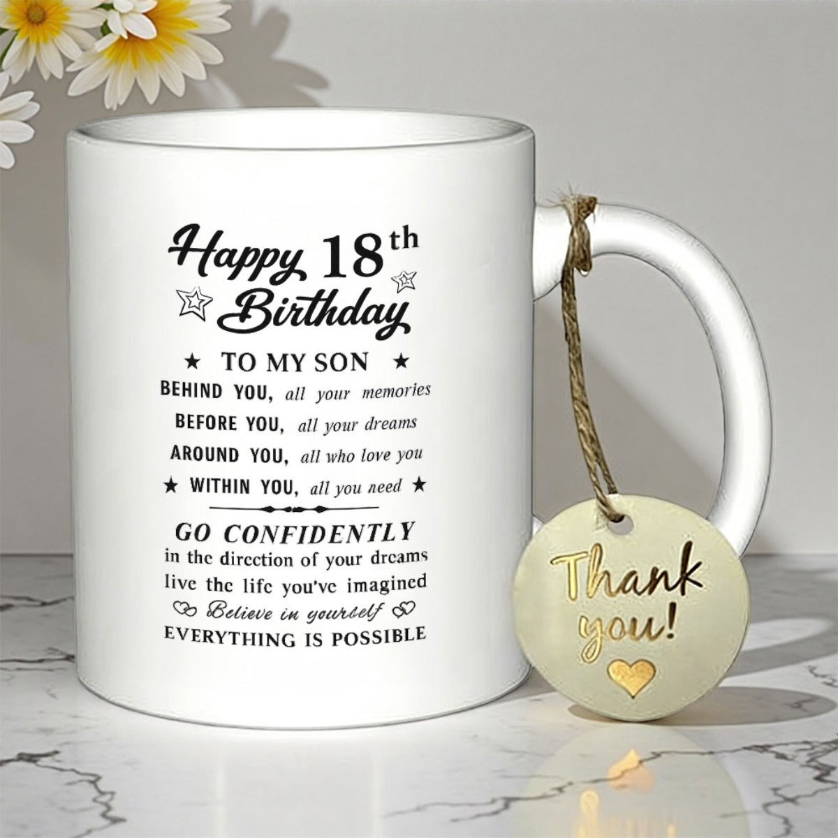 Tailorly White Ceramic 11 oz Mug - Happy 18th Birthday To My Son Everything Is Possible Minimalist White Ceramic Featuring Small Stars And A Wooden Heart Tag Mug