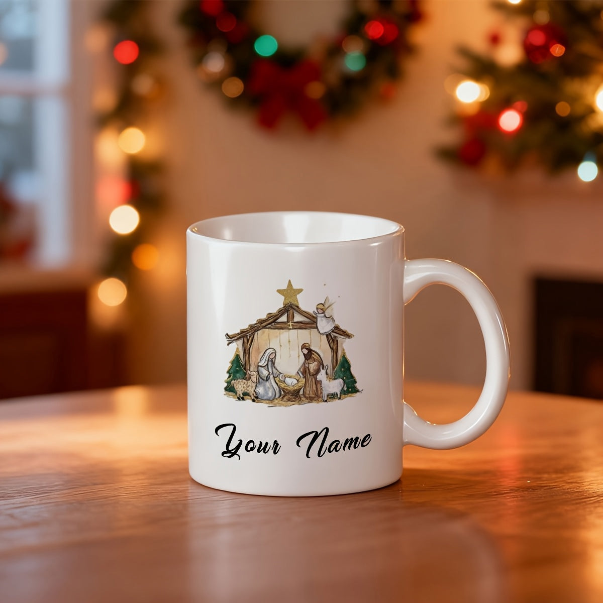 Tailorly White Ceramic 11 oz Mug - Your Name Hand Painted Christmas Scene With Holy Family Inside A Traditional Nativity
