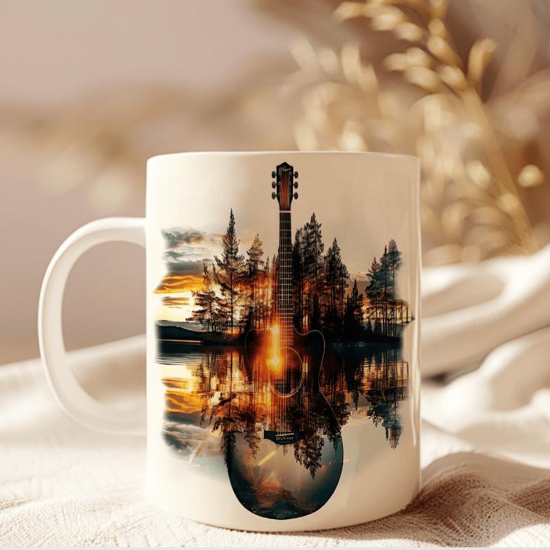 Tailorly White Ceramic 11 oz Mug - Artistic Forest Sunset Reflection Glowing Within A Serene Lakeside Landscape Guitar