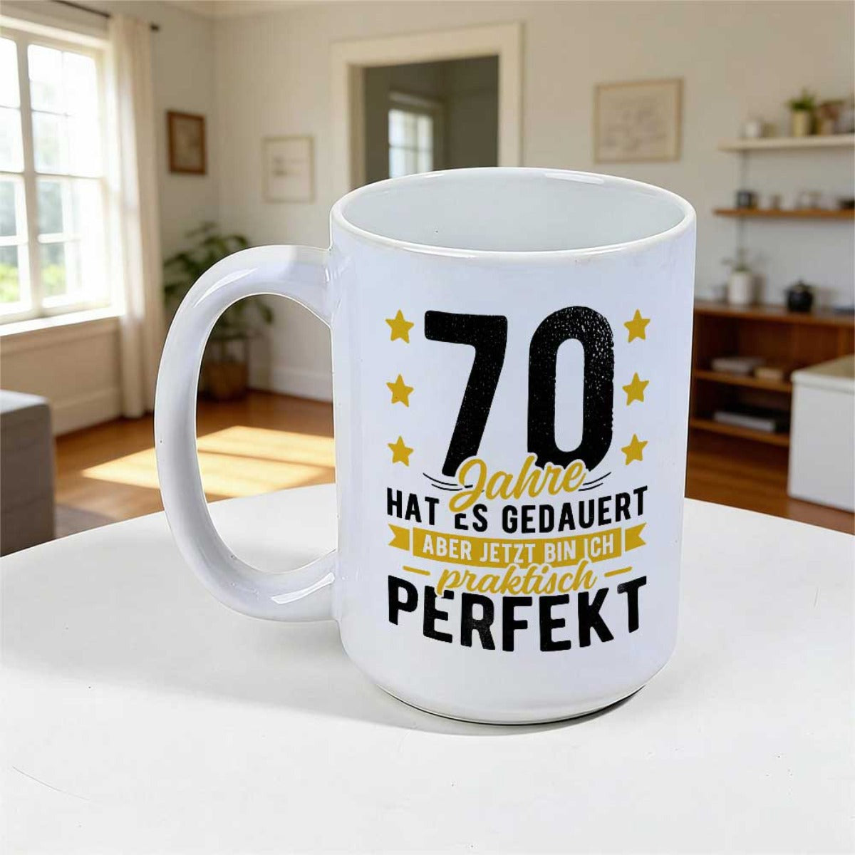 Tailorly White Ceramic 11 oz Mug - Bold Black Number Seventy With Golden Stars And Elegant Decorative Banners Design