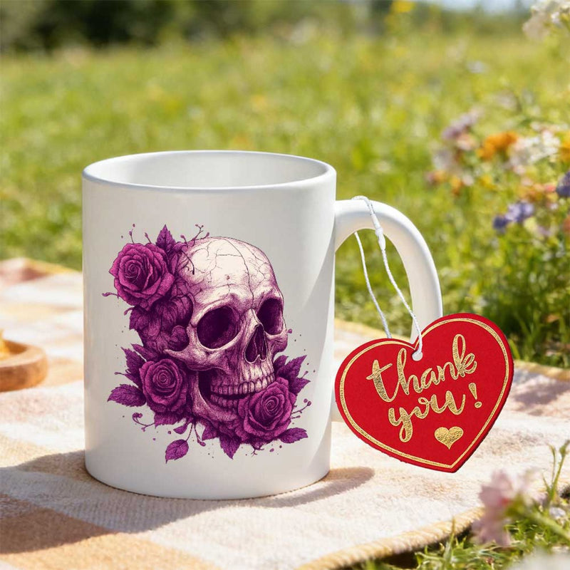 Tailorly White Ceramic 11 oz Mug - Thank You Ornate Purple Floral Roses Surrounding A Detailed Human Skull