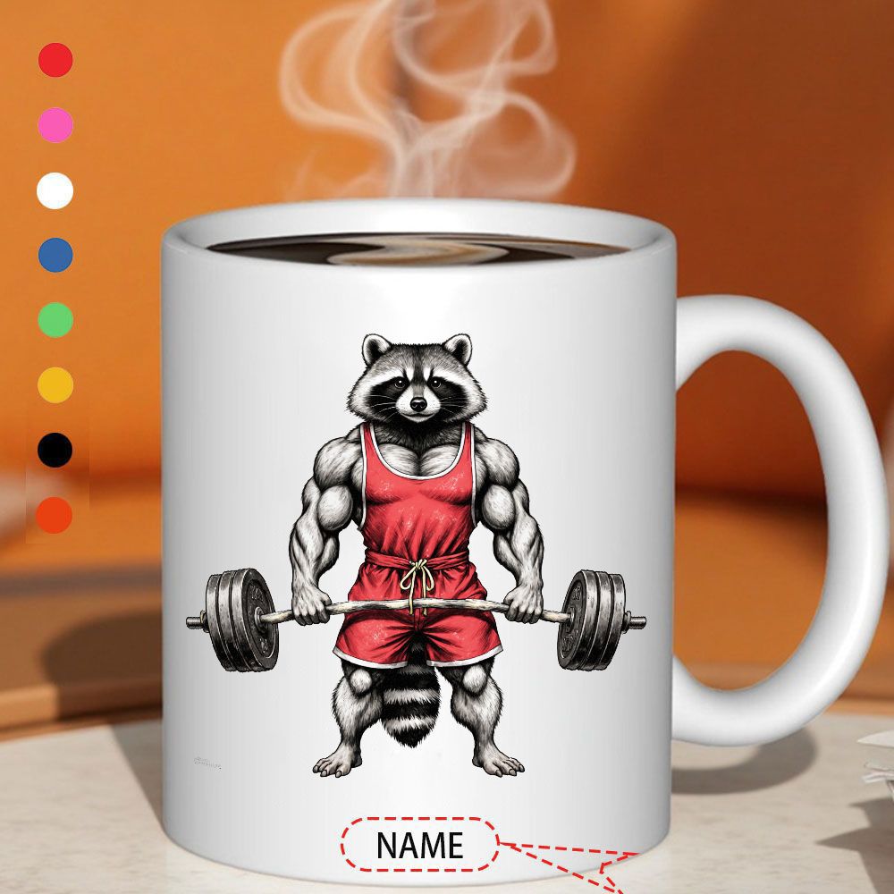 Tailorly White Ceramic 11 oz Mug - Muscular Anthropomorphic Raccoon Lifting Heavy Steel Barbell Wearing Red Singlet Raccoon