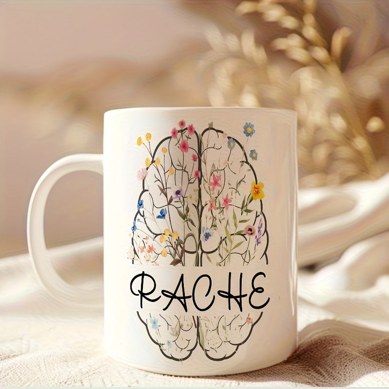 Tailorly White Ceramic 11 oz Mug - Rache Intricate Human Organ Outline Blooming With Colorful Wildflowers And Floral Vines Brain