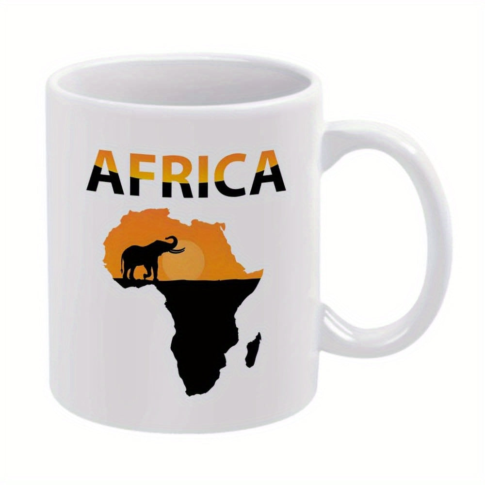 Tailorly White Ceramic 11 oz Mug - Africa Sunset Silhouette On Geographic Continent Map Outline With Standing Elephant