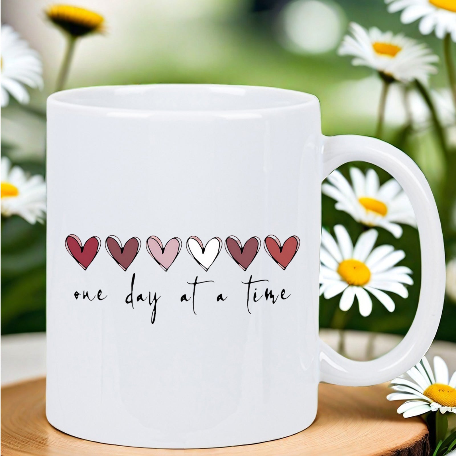 Tailorly White Ceramic 11 oz Mug - One Day At A Time Minimalist Hand Drawn Hearts In A Row With Varied Shades Mug