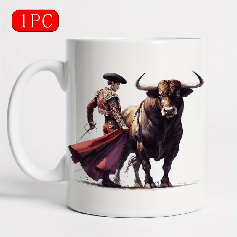 Tailorly White Ceramic 11 oz Mug - Traditional Spanish Matador Holding Red Cape Facing A Powerful Majestic Brown Bull