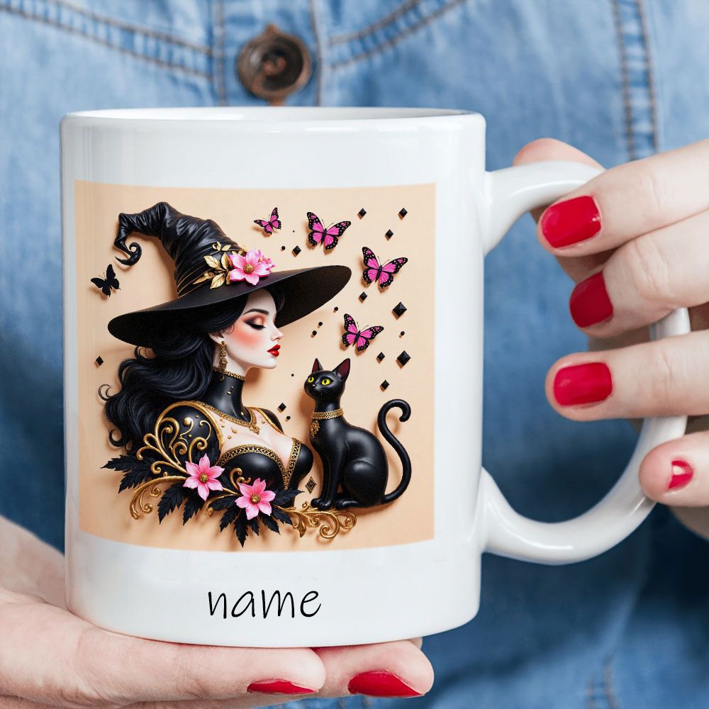 Tailorly White Ceramic 11 oz Mug - Name Mystical Woman In Pointed Hat With Black Cat And Pink Butterflies Witch