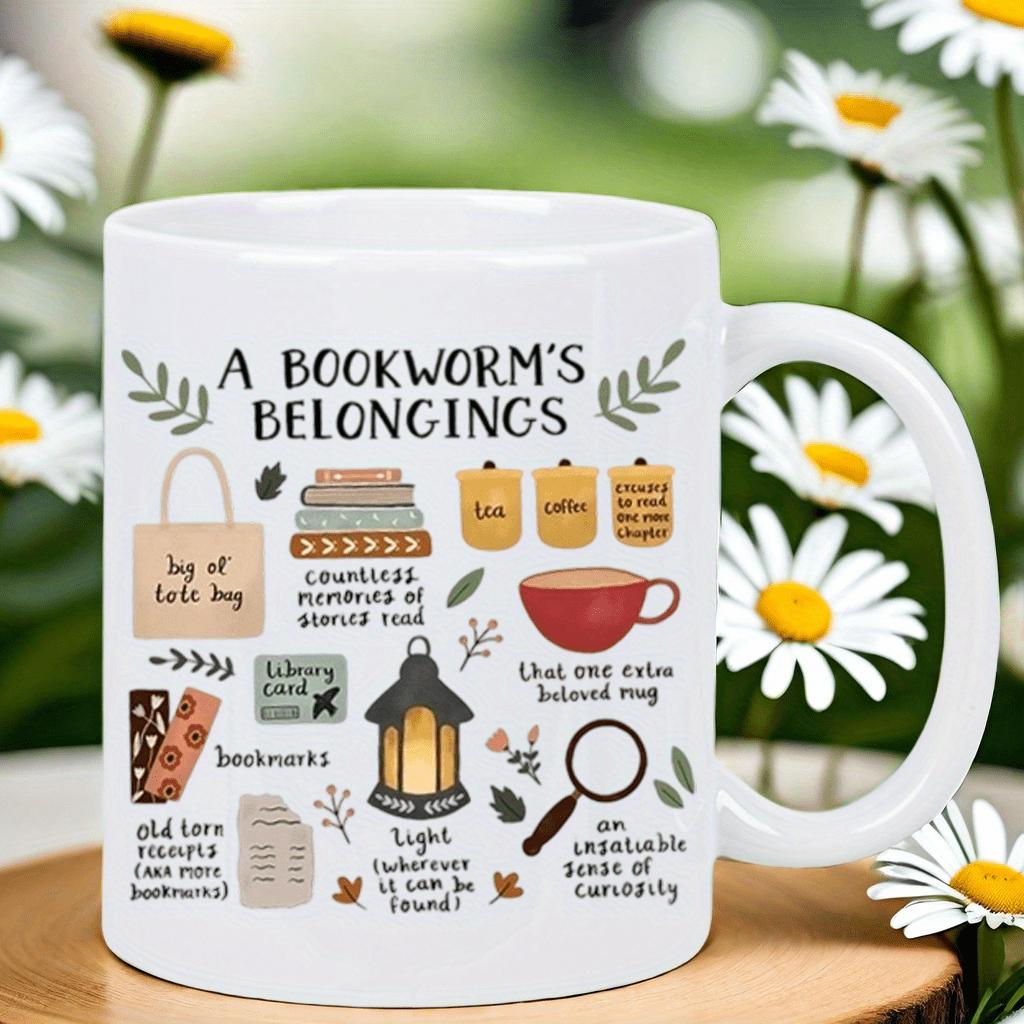 Tailorly White Ceramic 11 oz Mug - A Bookworms Belongings Featuring Hand Drawn Sketches Of Small Reading Essentials Collection