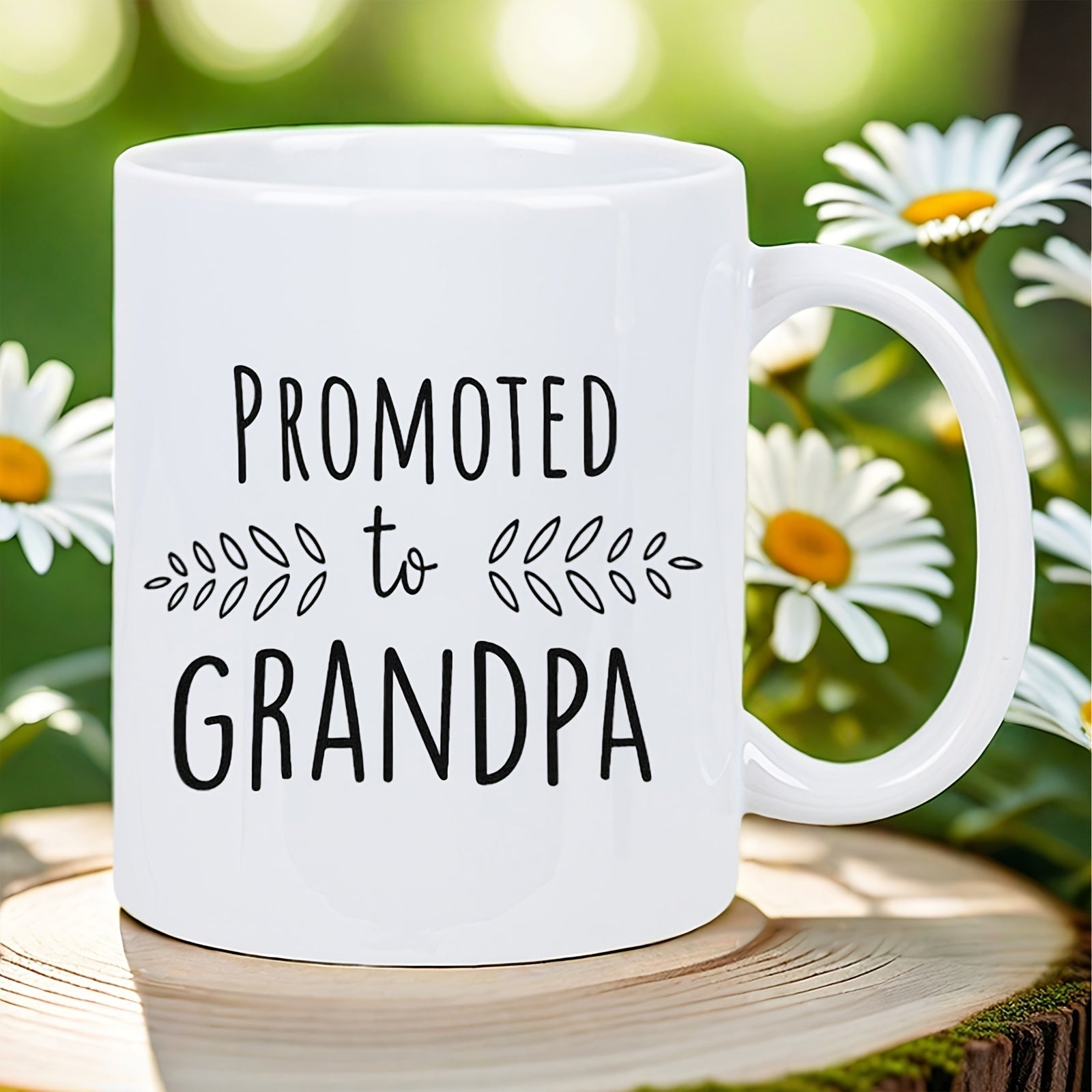 Tailorly White Ceramic 11 oz Mug - Promoted To Grandpa Simple Minimalist Script Between Two Small Laurel Leaf Branches Sign