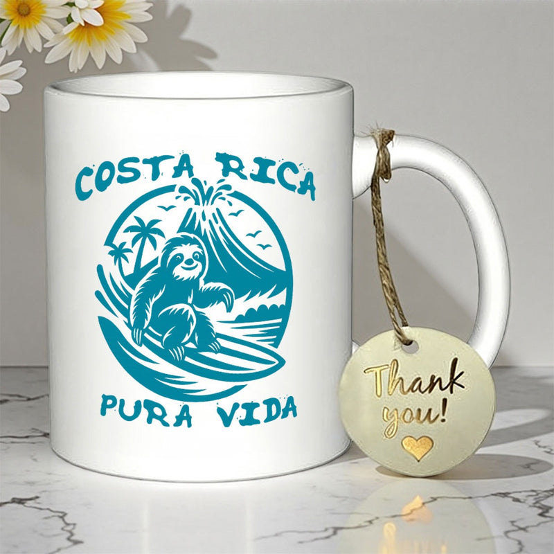 Tailorly White Ceramic 11 oz Mug - Costa Rica Pura Vida Surfing Under Erupting Volcano Amidst Tropical Palm Trees And Waves Sloth