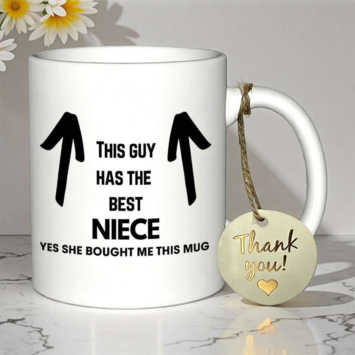 Tailorly White Ceramic 11 oz Mug - This Guy Has The Best Niece Yes She Bought Me This Mug Minimalist White Ceramic Vessel With Bold Black Arrows And Humorous Text