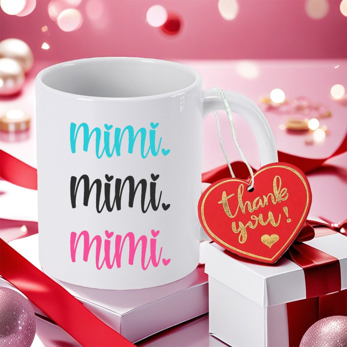 Tailorly White Ceramic 11 oz Mug - Mimi Thank You Three Rows Of Playful Handwritten Script With Small Heart Details Mug
