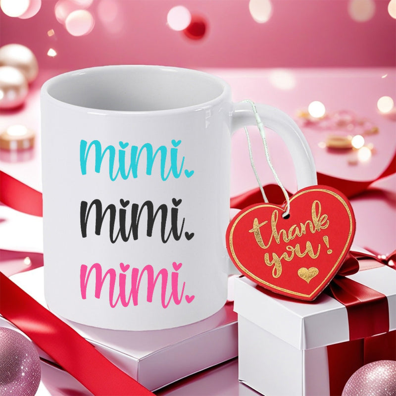 Tailorly White Ceramic 11 oz Mug - Mimi Thank You Three Rows Of Playful Handwritten Script With Small Heart Details Mug
