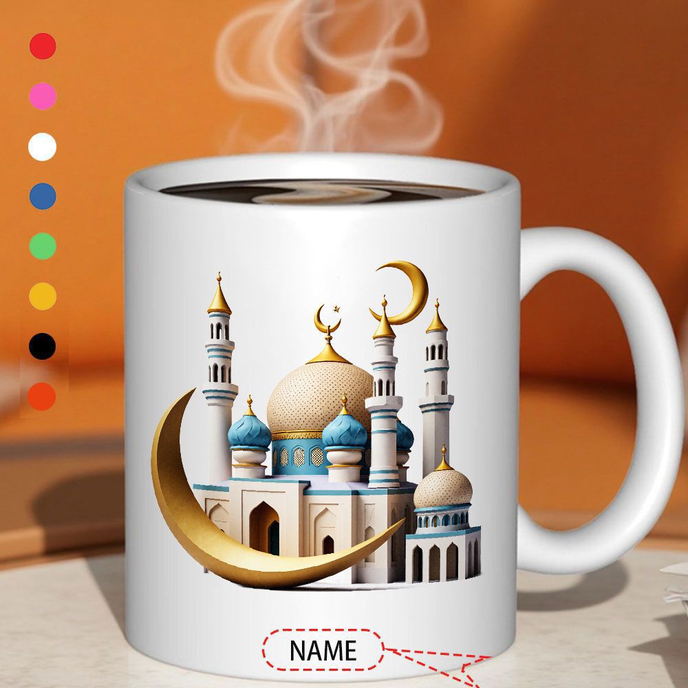 Tailorly White Ceramic 11 oz Mug - Detailed Islamic Architecture Featuring Golden Crescent Moon And Majestic Minarets Mosque