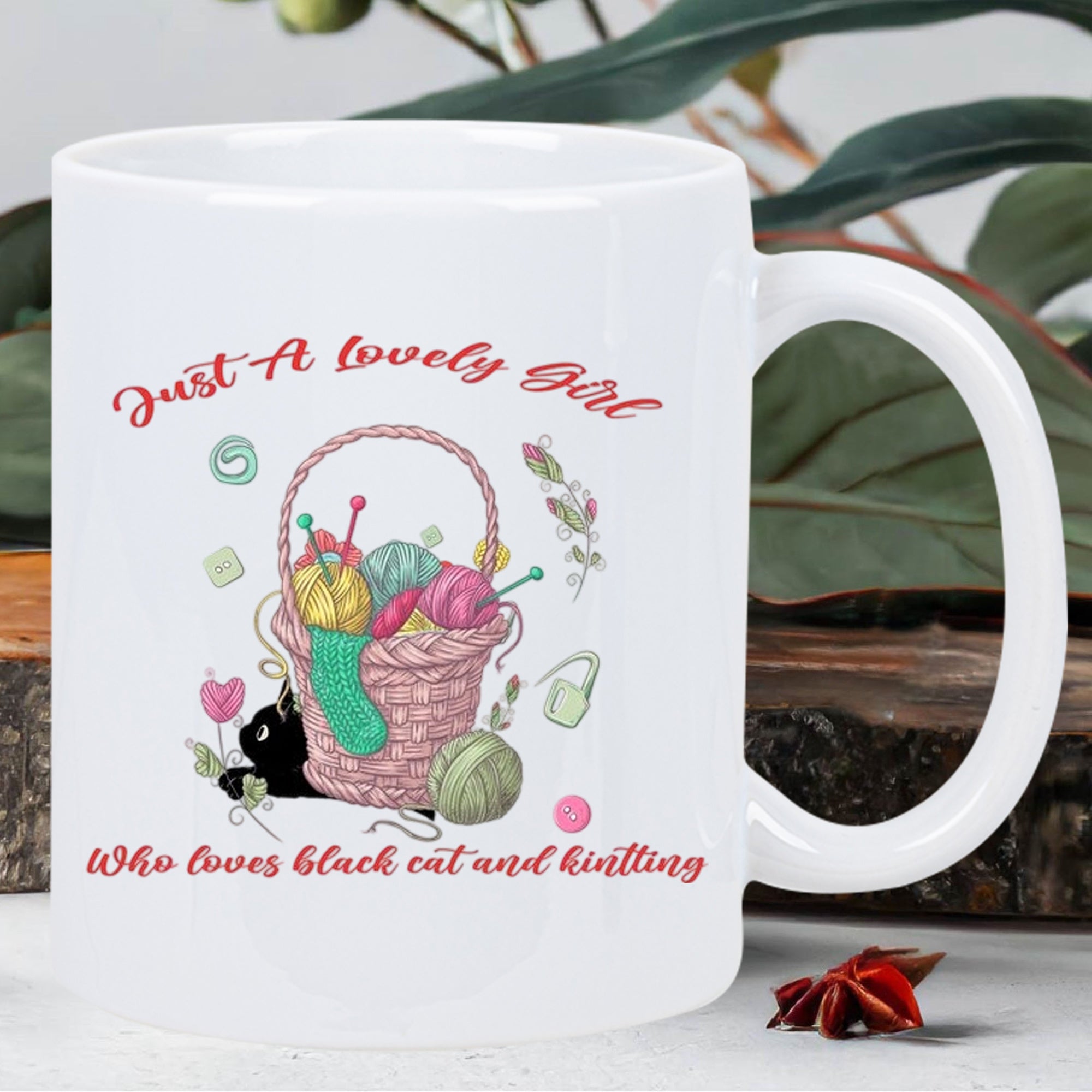 Tailorly White Ceramic 11 oz Mug - Just A Lovely Girl Who Loves Black Cat And Knitting Colorful Yarn Balls Tucked Inside A Pink Woven Wicker Knitting Basket