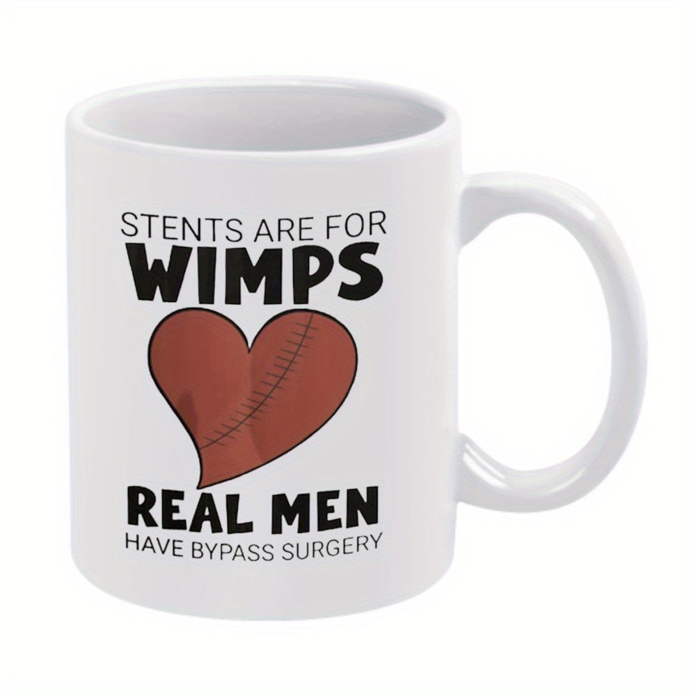 Tailorly White Ceramic 11 oz Mug - Stents Are For Wimps Real Men Have Bypass Surgery Realistic Heart Shape Featuring Distinct Diagonal Surgical Stitches Heart