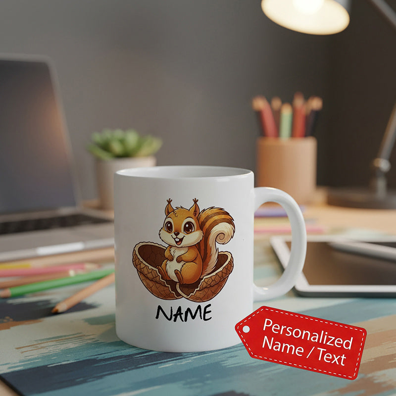 Tailorly White Ceramic 11 oz Mug - Name Cute Cartoon Character Resting Inside A Large Cracked Wooden Nut Shell Squirrel