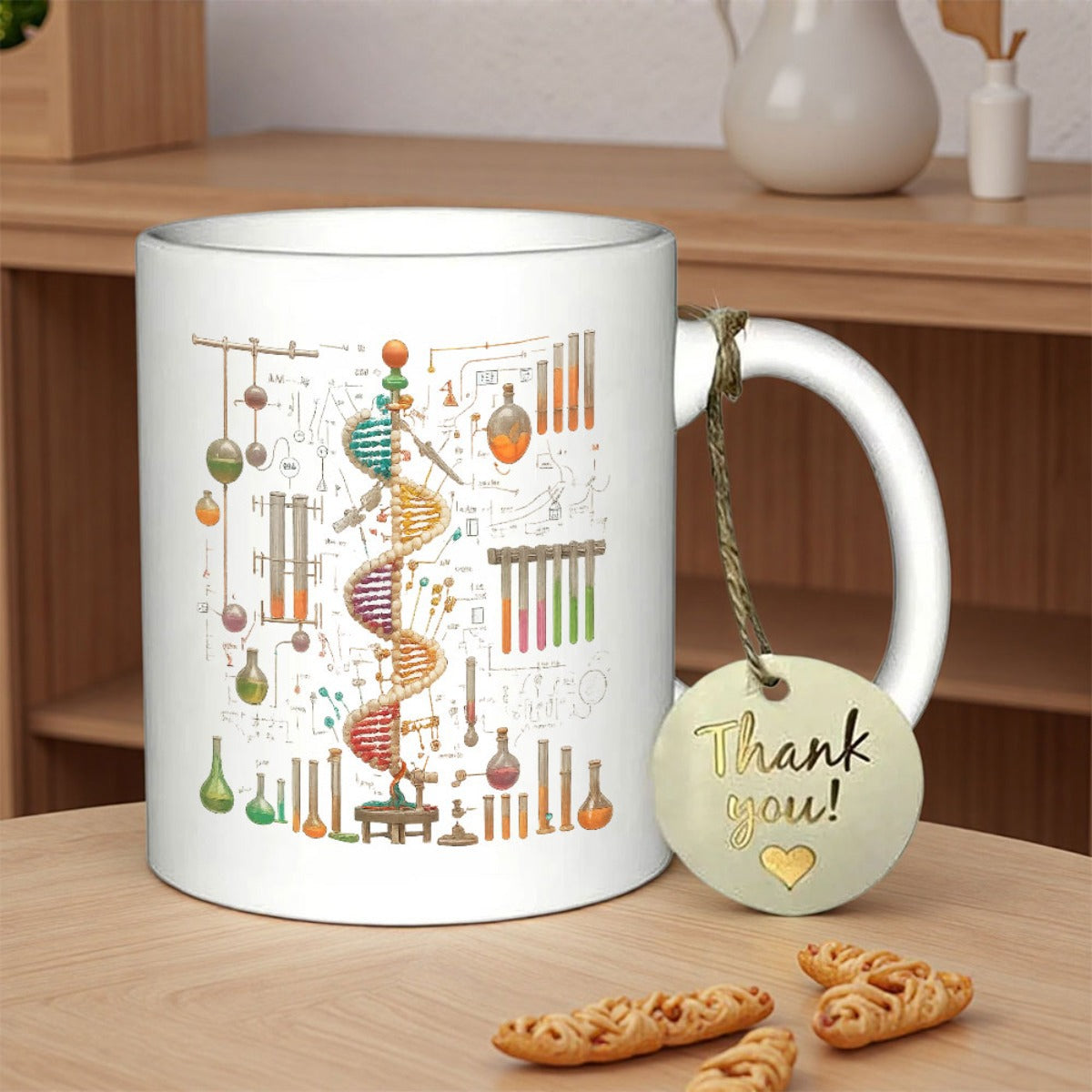Tailorly White Ceramic 11 oz Mug - Thank You Scientific Lab Equipment With Double Helix And Colorful Glassware Apparatus