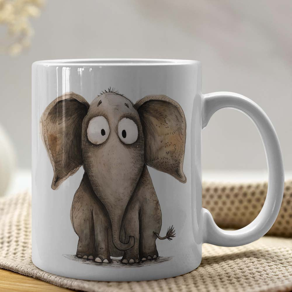Tailorly White Ceramic 11 oz Mug - Cute Whimsical Hand Drawn Grey Sitting Animal With Large Ears And Eyes Elephant