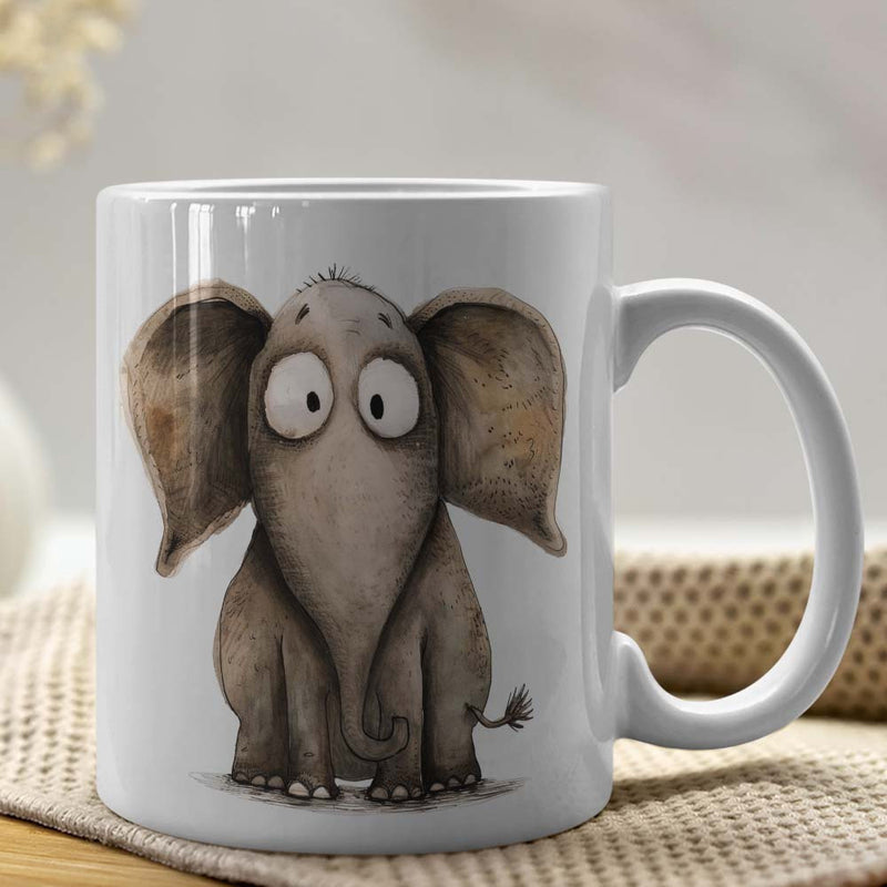 Tailorly White Ceramic 11 oz Mug - Cute Whimsical Hand Drawn Grey Sitting Animal With Large Ears And Eyes Elephant
