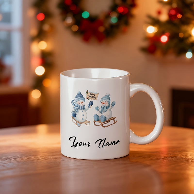 Tailorly White Ceramic 11 oz Mug - Your Name Charming Festive Snowmen Sliding On Sleds Wearing Blue Accessories Snowman