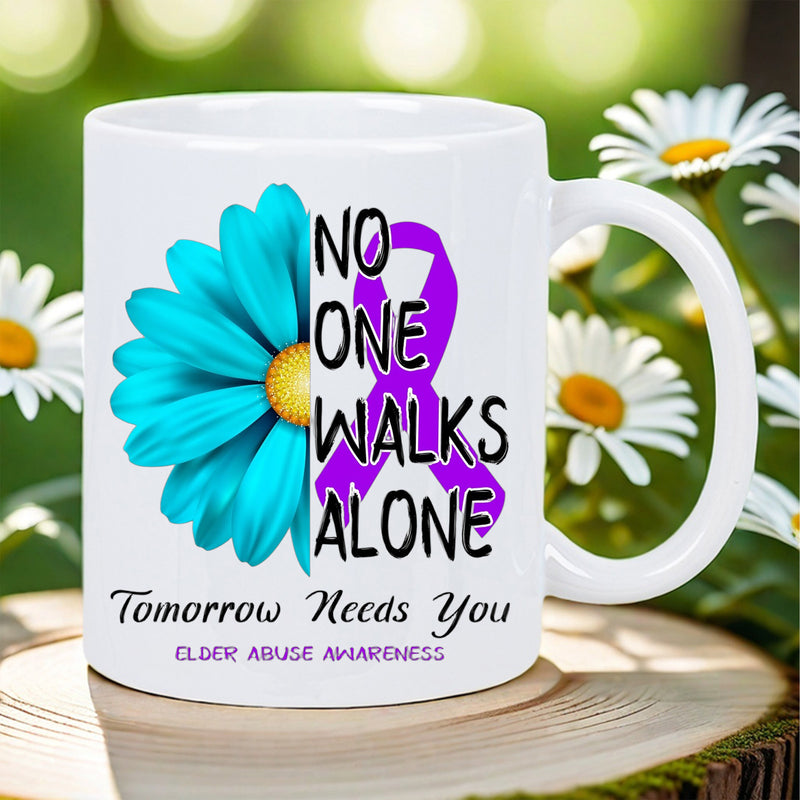 Tailorly White Ceramic 11 oz Mug - No One Walks Alone Tomorrow Needs You Teal Half Petal Flower With Purple Ribbon Signifying Hope And Awareness Daisy