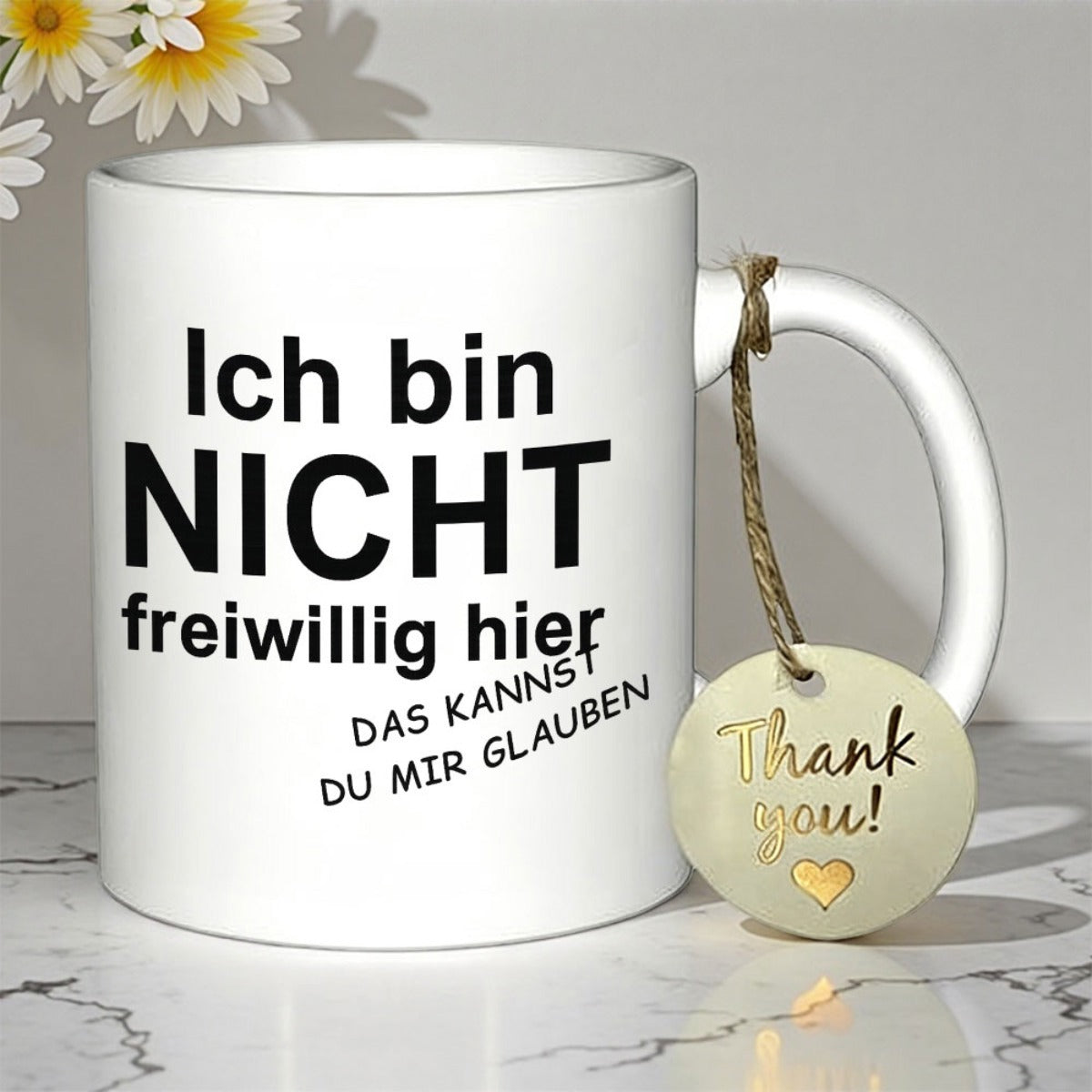 Tailorly White Ceramic 11 oz Mug - Thank You Elegant White Ceramic Cup Featuring Bold Black Lettering And Decorative Hanging Tag Mug
