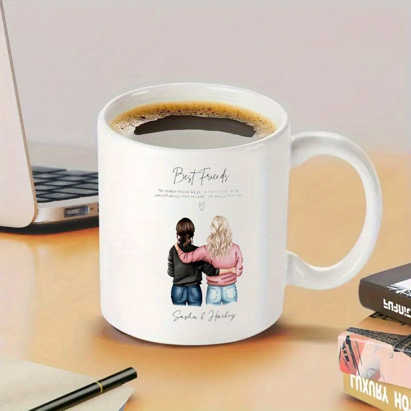 Tailorly White Ceramic 11 oz Mug - Best Friends Sasha Hayley Two Close Girls Hugging While Standing Together Under A Small Heart Illustration