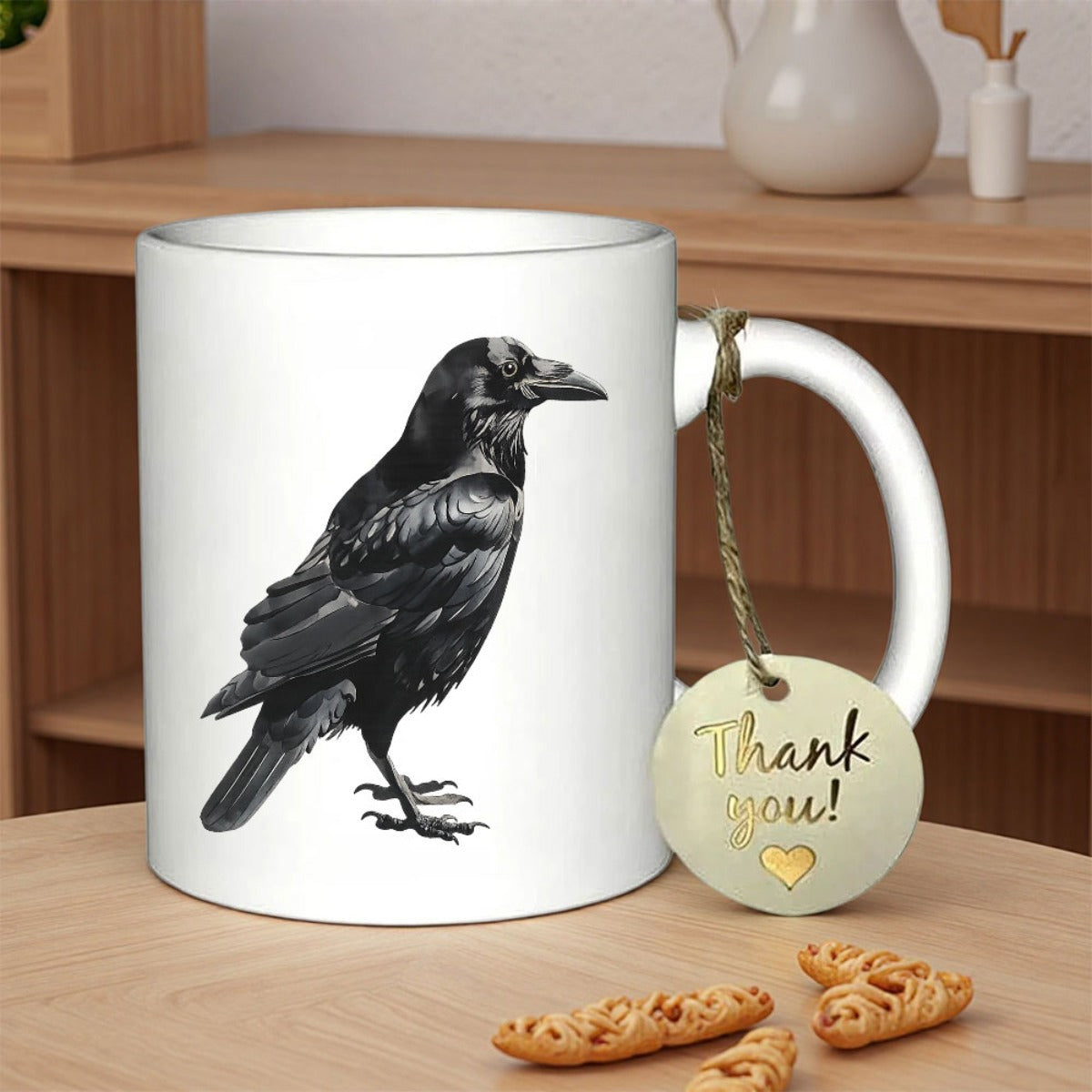 Tailorly White Ceramic 11 oz Mug - Thank You Highly Detailed Black Feathered Bird Standing Elegantly Upon White Surface Crow