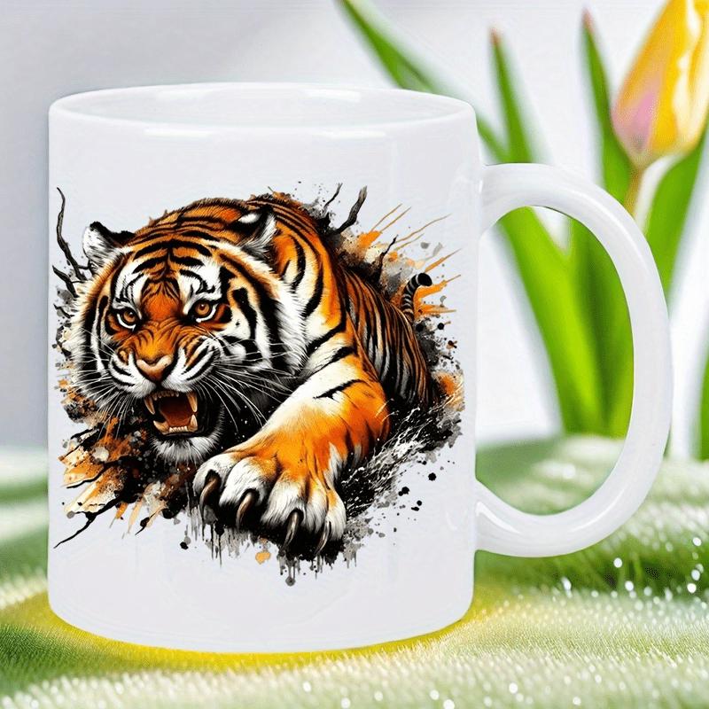 Tailorly White Ceramic 11 oz Mug - Powerful Wild Predator Pouncing Through A Cracked White Background Tiger
