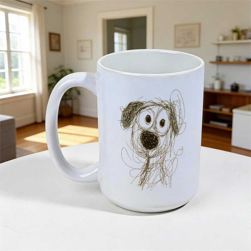 Tailorly White Ceramic 11 oz Mug - Hand Drawn Artistic Scribble Line Style Featuring A Whimsical Furry Dog