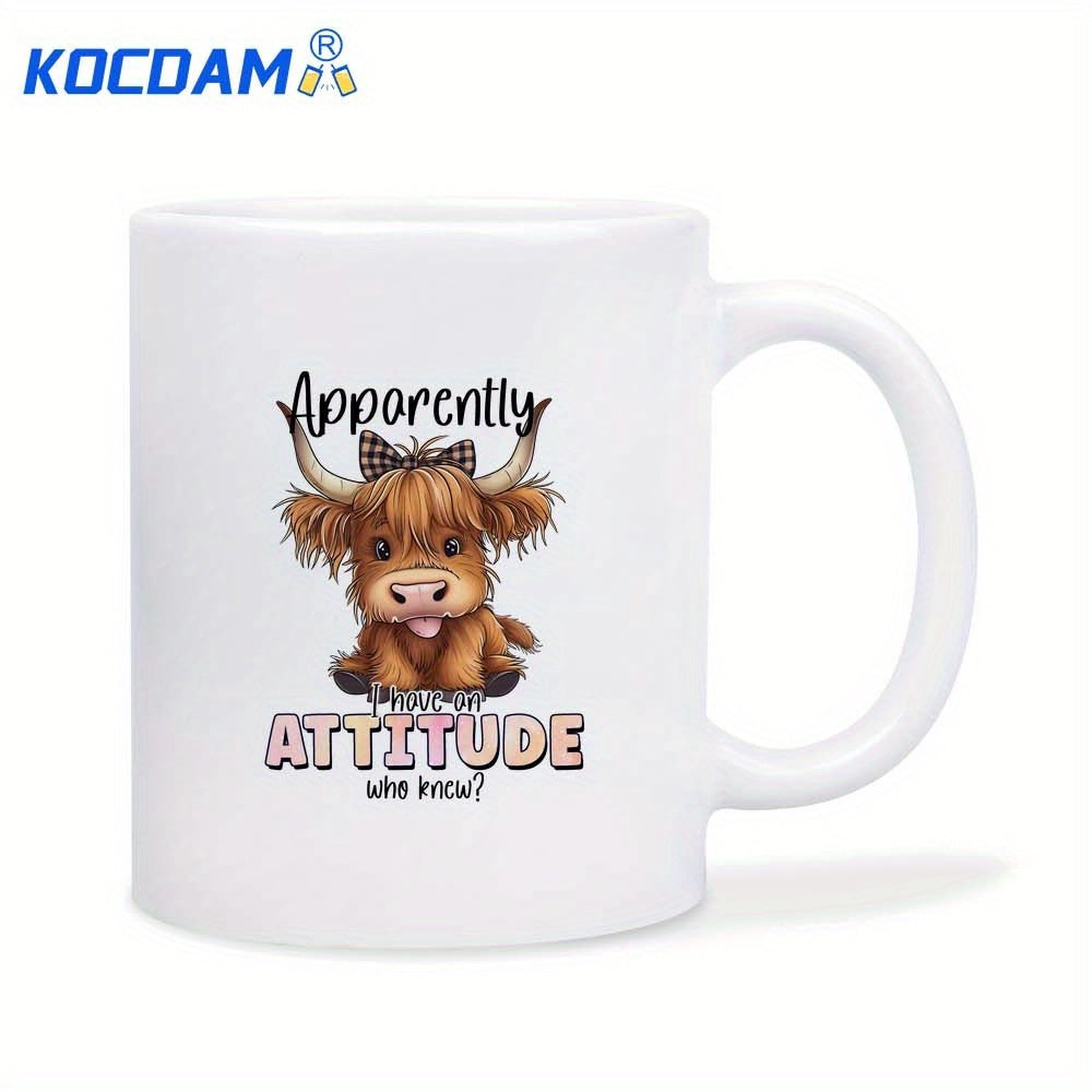 Tailorly White Ceramic 11 oz Mug - Apparently I Have An Attitude Who Knew Cute Shaggy Highland Cow With Patterned Bow Showing Its Tongue Cow