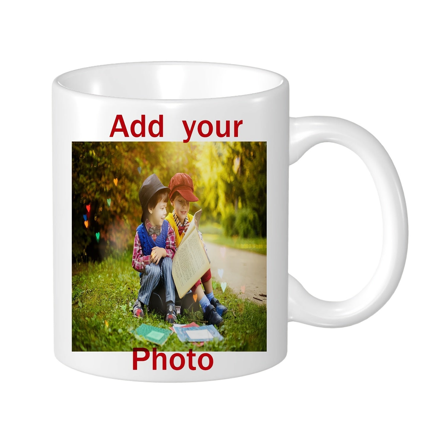 Tailorly White Ceramic 11 oz Mug - Add Your Photo Two Small Children Sitting In A Lush Green Garden Reading Mug