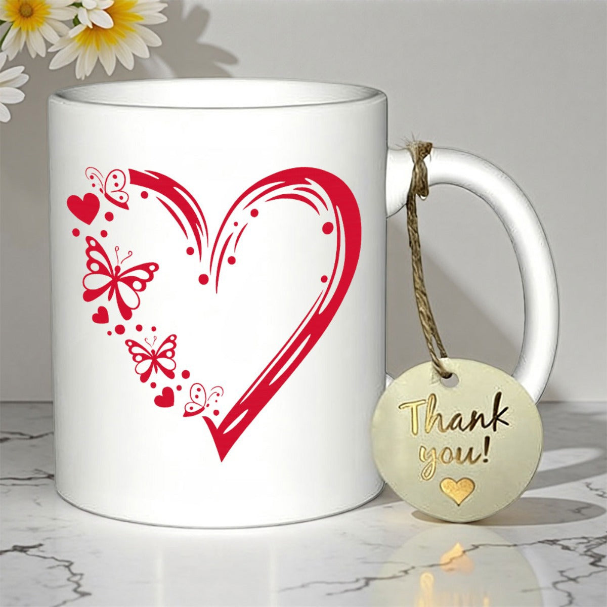 Tailorly White Ceramic 11 oz Mug - Thank You Artistic Red Brush Stroke With Delicate Floating Butterflies Heart