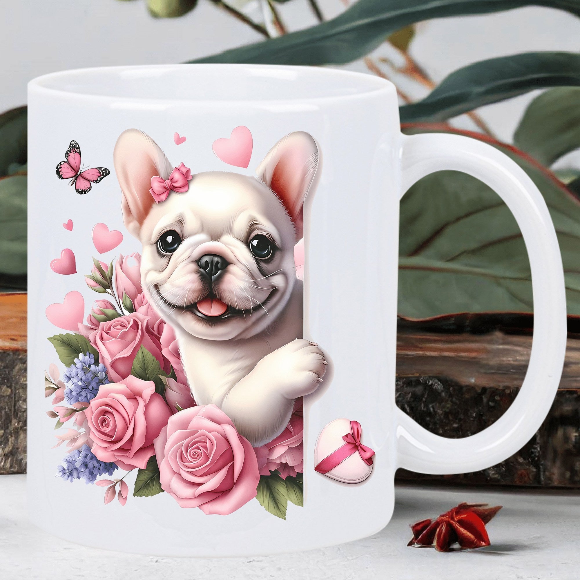 Tailorly White Ceramic 11 oz Mug - Charming French Bulldog Peekaboo Through Blooming Pink Roses And Floating Hearts Frenchie