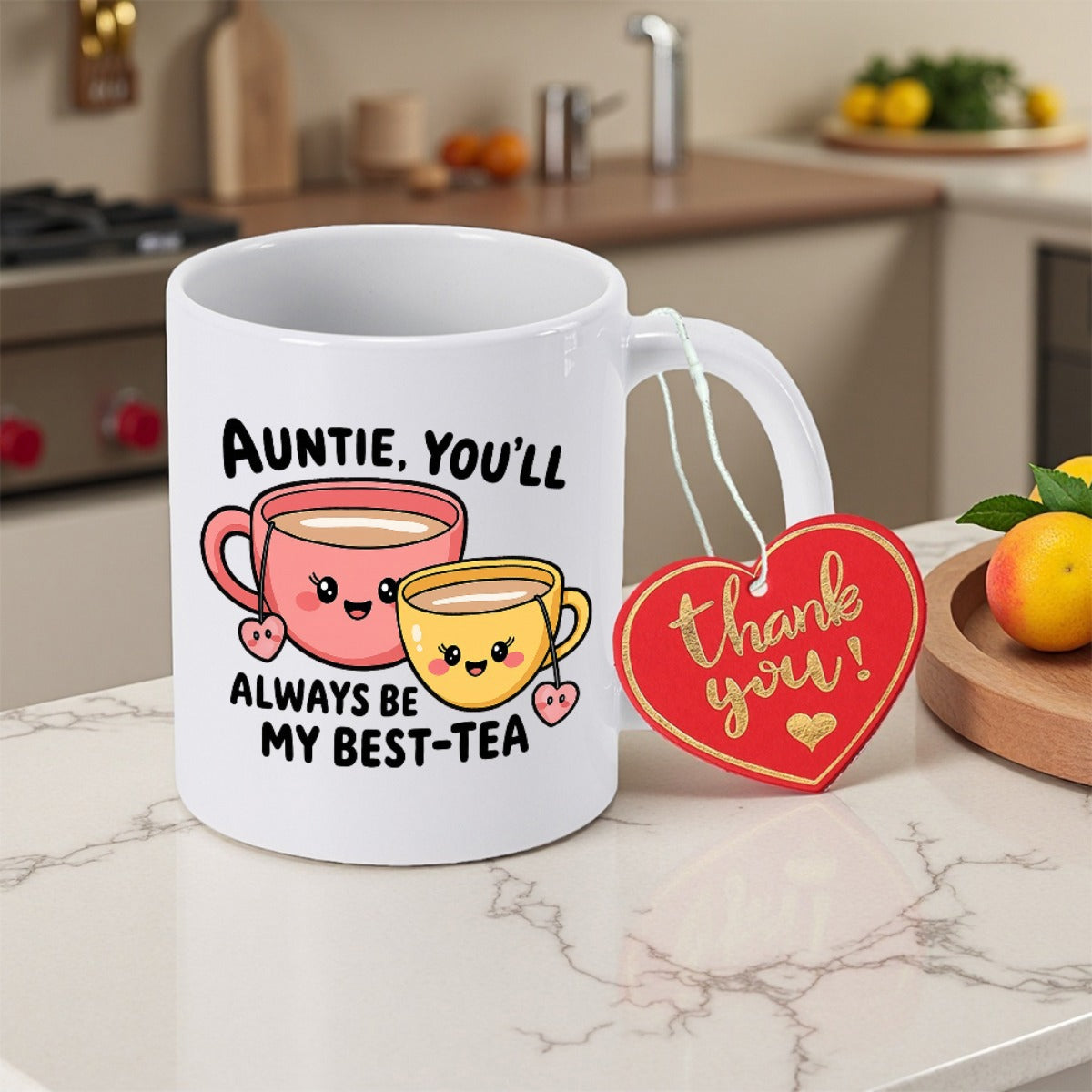 Tailorly White Ceramic 11 oz Mug - Auntie Youll Always Be My Best Tea Thank You Two Cute Smiling Teacups With Tea Bags Sitting Closely Together Teacup