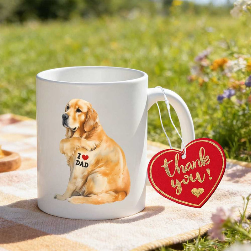 Tailorly White Ceramic 11 oz Mug - I Love Dad Thank You Graceful Golden Retriever Sitting On White Surface Among Sunny Garden Flowers Dog