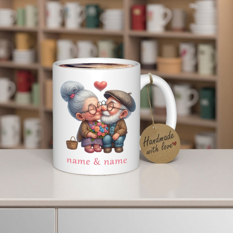 Tailorly White Ceramic 11 oz Mug - Handmade With Love Sweet Cartoon Style Elderly Pair Sitting Close Under Small Red Heart Couple
