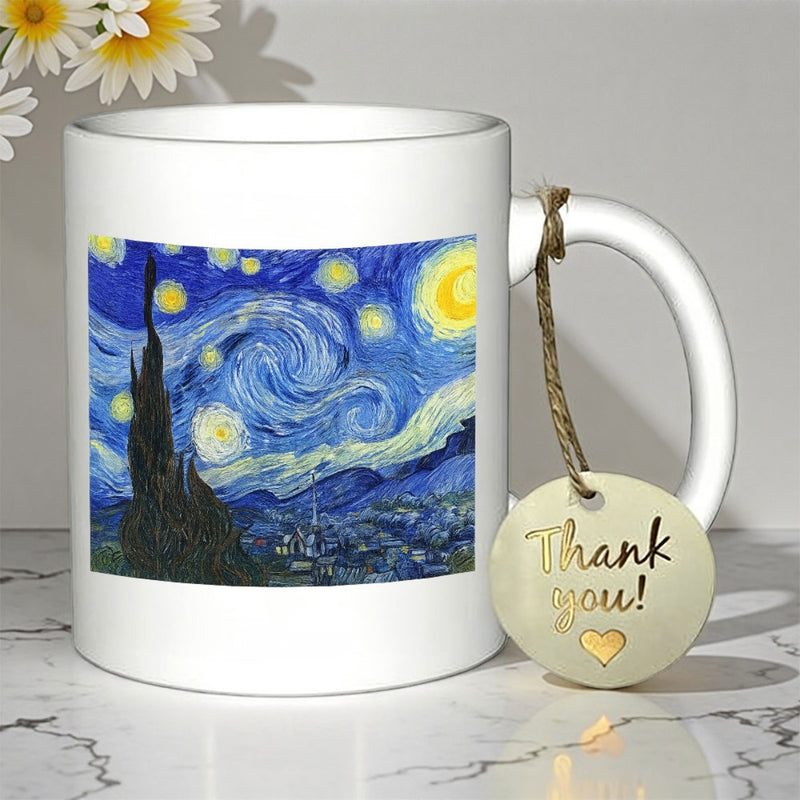 Tailorly White Ceramic 11 oz Mug - Thank You Famous Oil Painting With Swirling Blue Clouds And Yellow Glowing Stars Mug