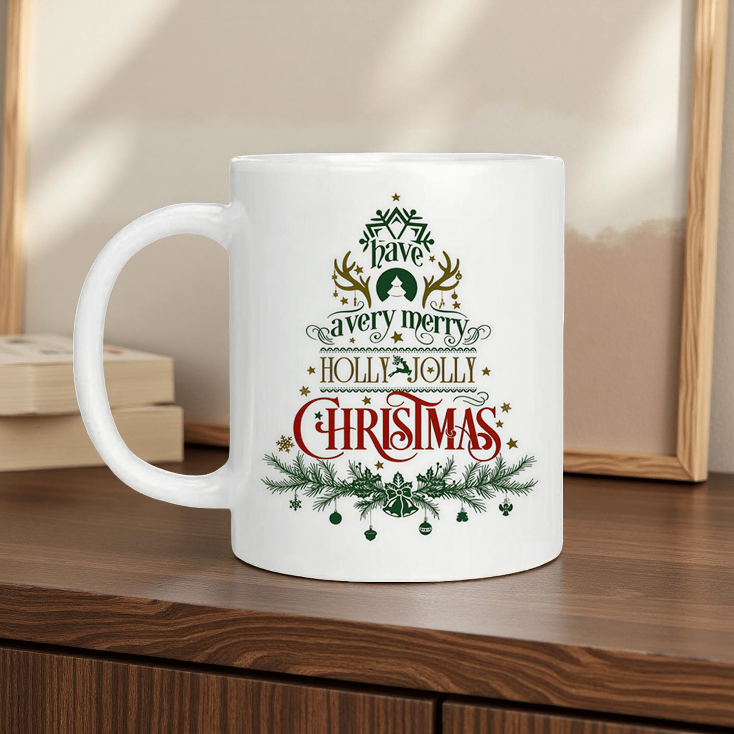 Tailorly White Ceramic 11 oz Mug - Have A Very Merry Holly Jolly Christmas Festive Evergreen Pine Branches With Reindeer Antlers And Decorative Ornaments Christmas