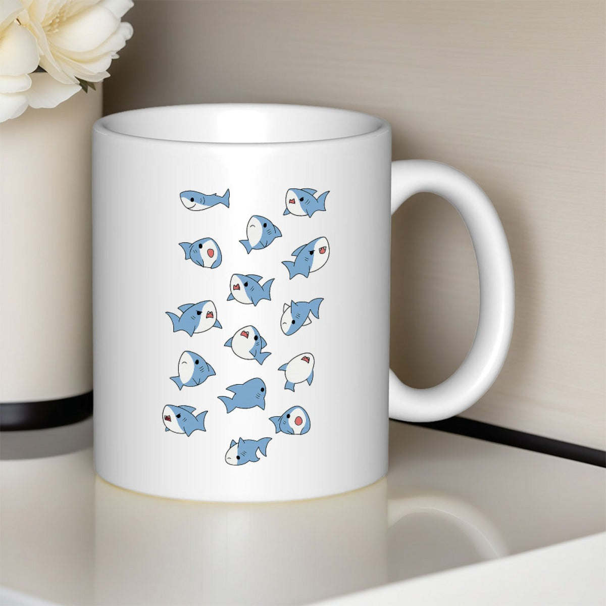 Tailorly White Ceramic 11 oz Mug - Playful Group Of Cute Blue Cartoon Sharks Swimming Together Shark