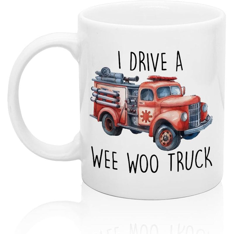 Tailorly White Ceramic 11 oz Mug - I Drive A Wee Woo Truck Vintage Red Fire Truck Carrying Rescue Ladders And Essential Emergency Equipment Fire Truck